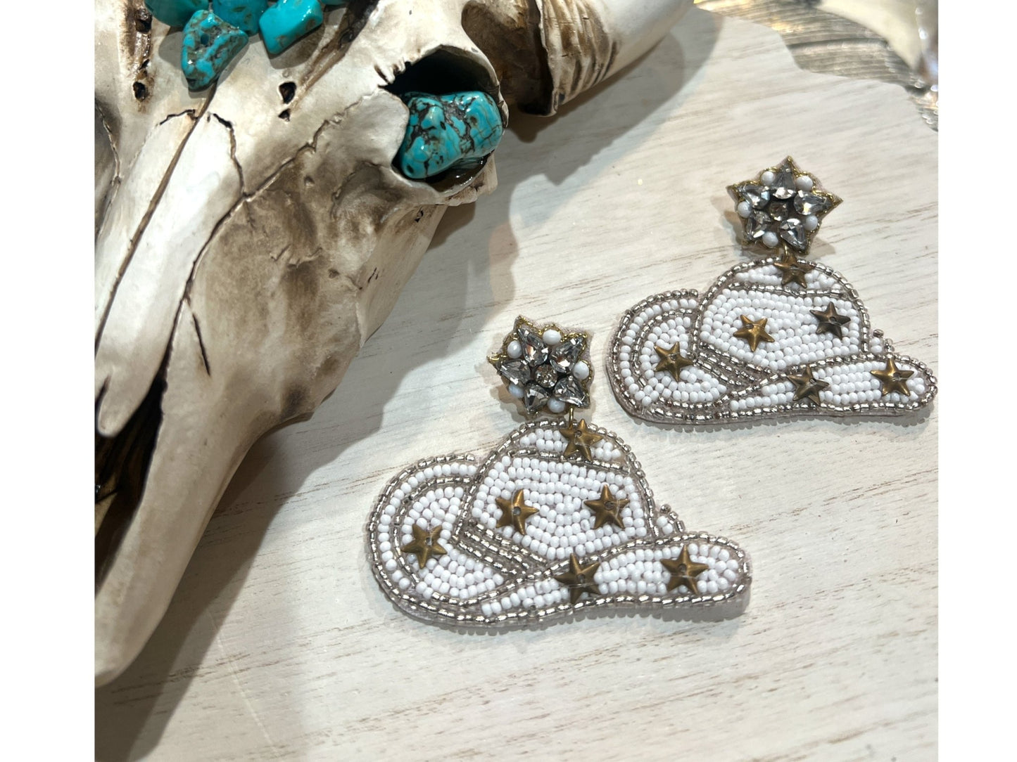 BEADED White Rhinestone Cowgirl Hat Earring - ALEXISMONROE DESIGNS