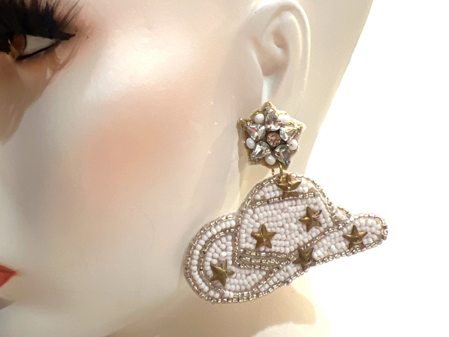 BEADED White Rhinestone Cowgirl Hat Earring - ALEXISMONROE DESIGNS