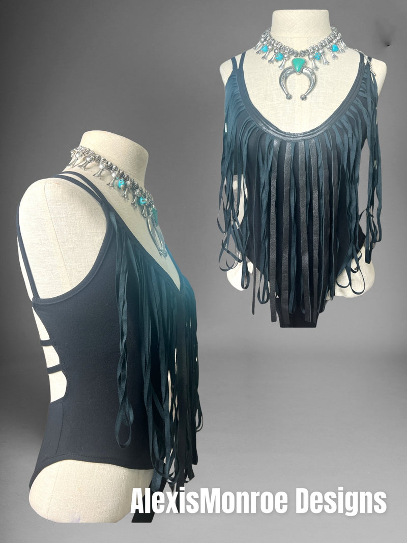 Black Magic Woman Leather & Fringe Crisscross Bodysuit - Boho Cowgirlz Boutique