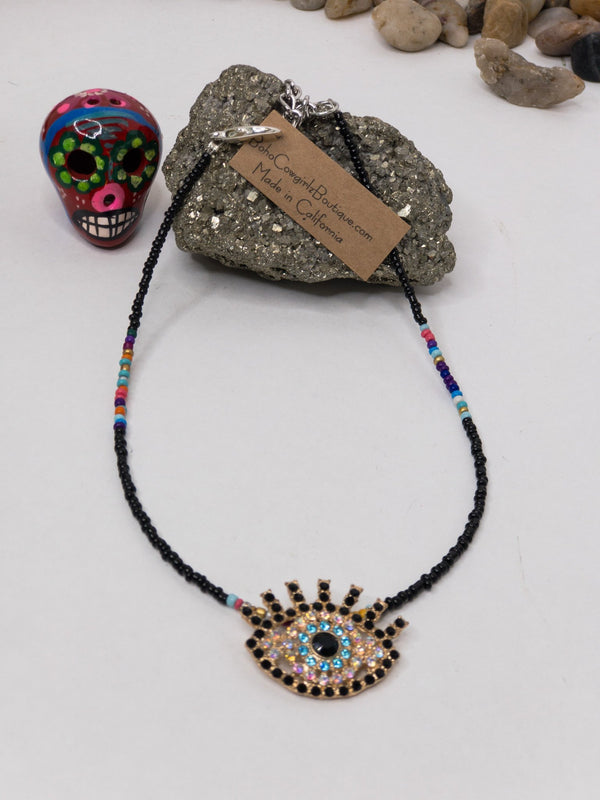 Crystal Evil Eye Black Serape Beaded Choker Necklace, Beaded Choker - Boho Cowgirlz Boutique