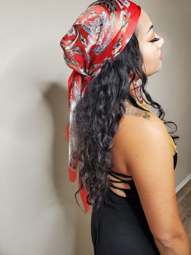 Head Wrap “Coastal Ruby” 35" Silk feel Bandana - Boho Cowgirlz Boutique