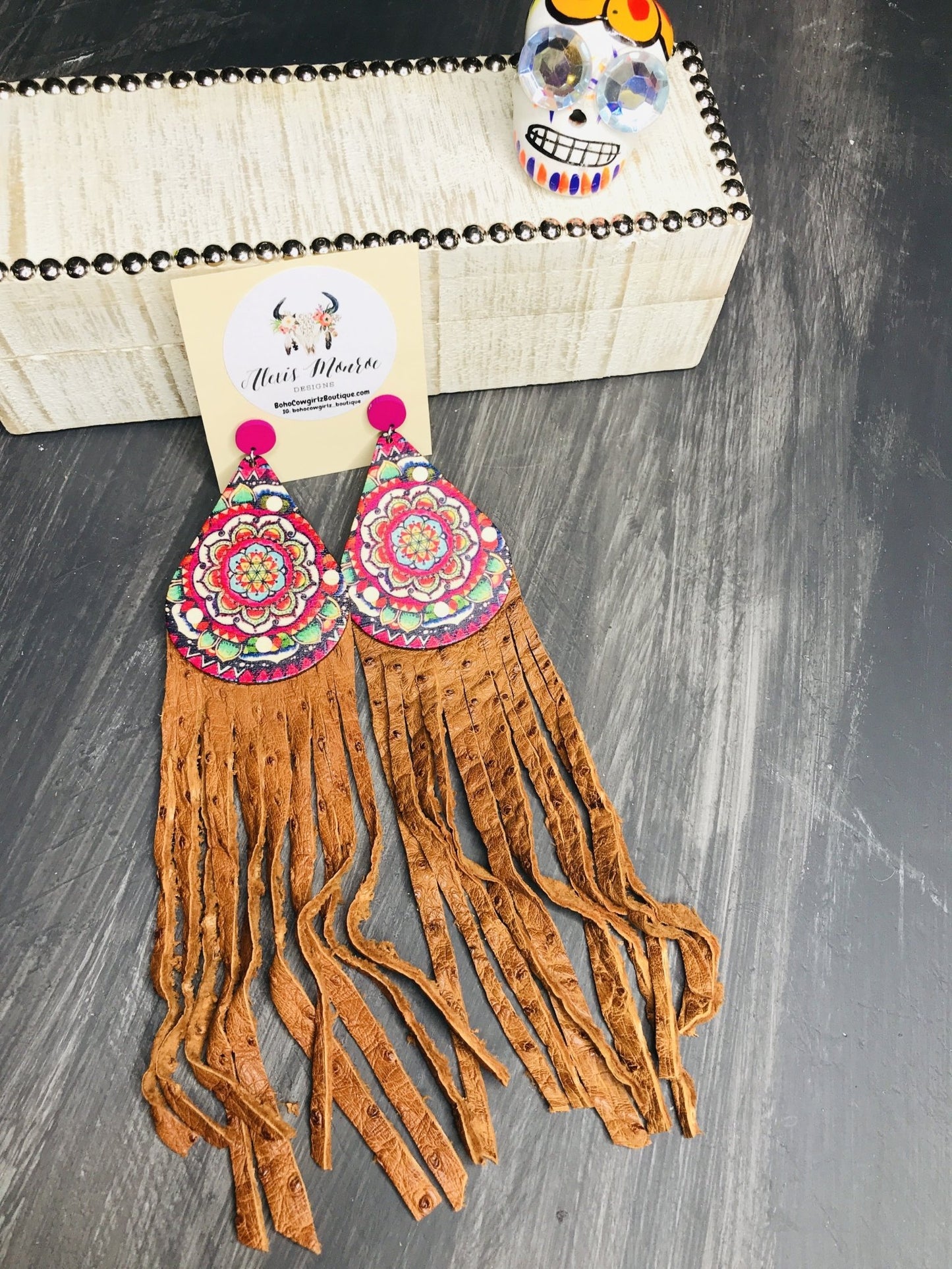 Heritage Pride Hand Painted Wood Long Leather Fringe Earring, Boho Earring, Leather Earring - Boho Cowgirlz Boutique