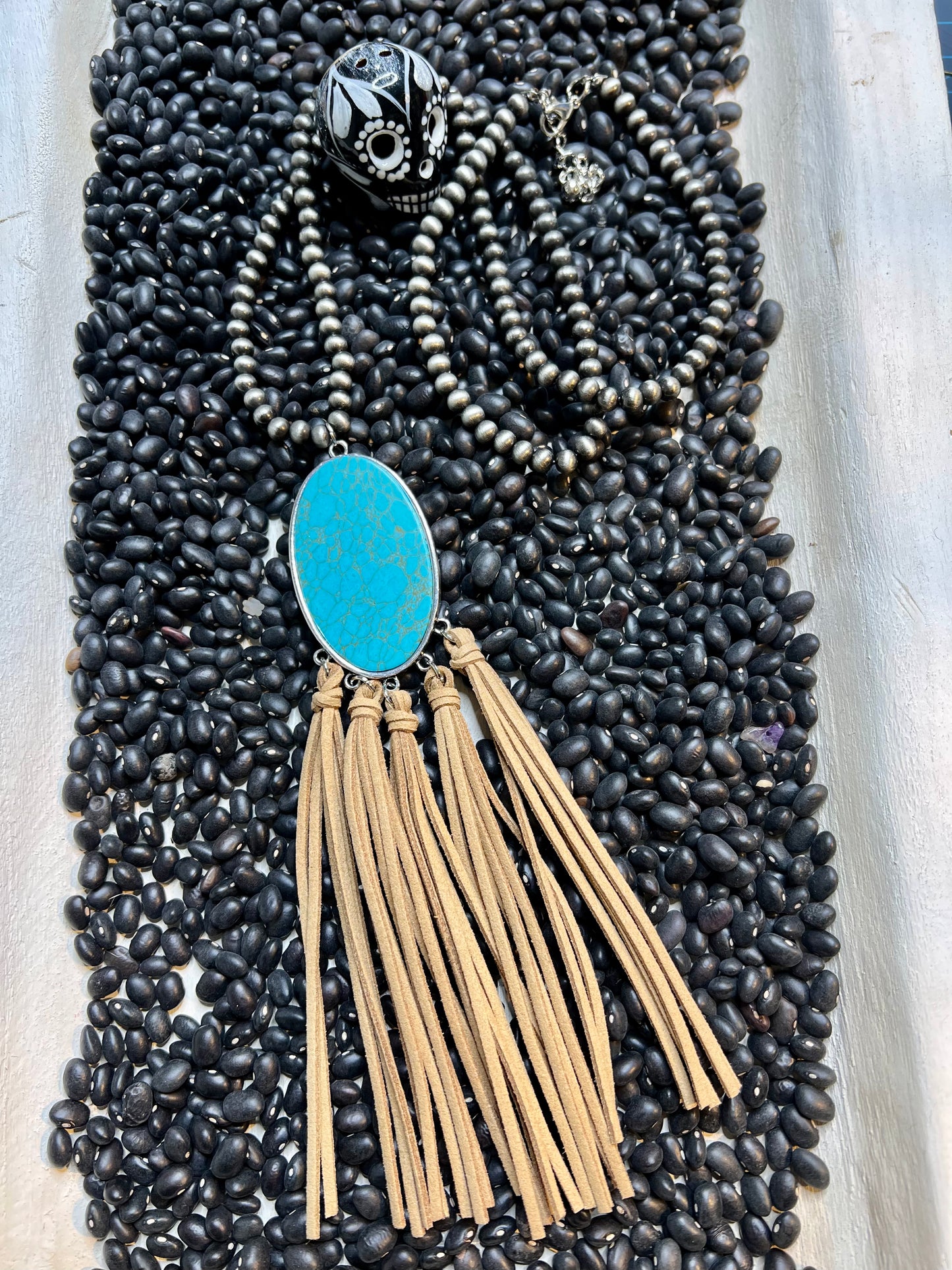 Turquoise Leather Fringe Necklace