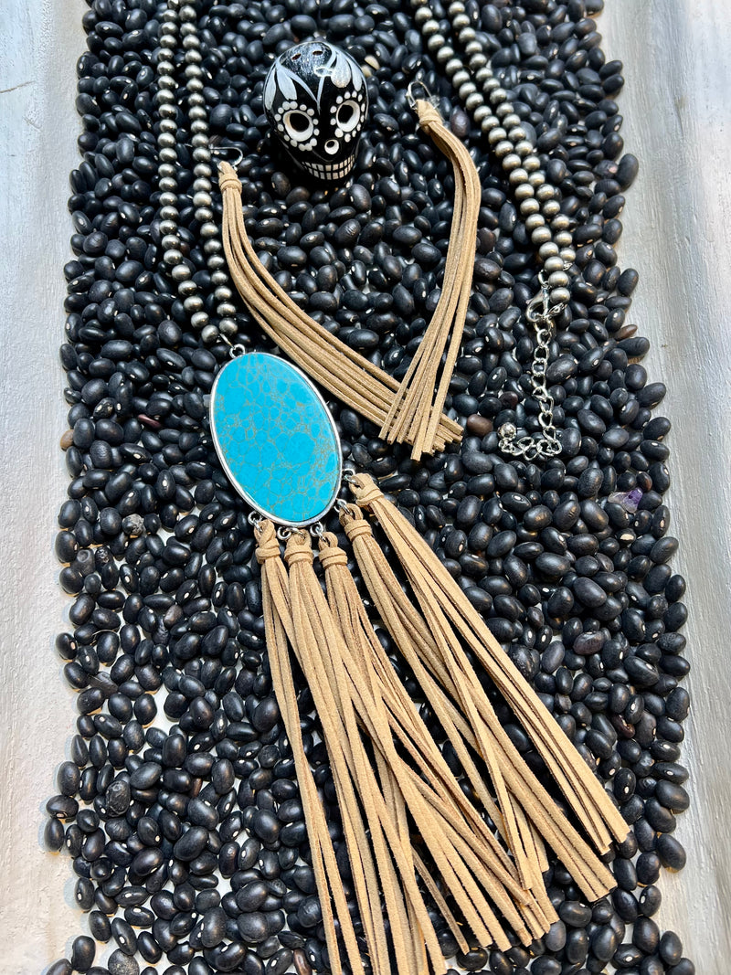 Turquoise Leather Fringe Necklace