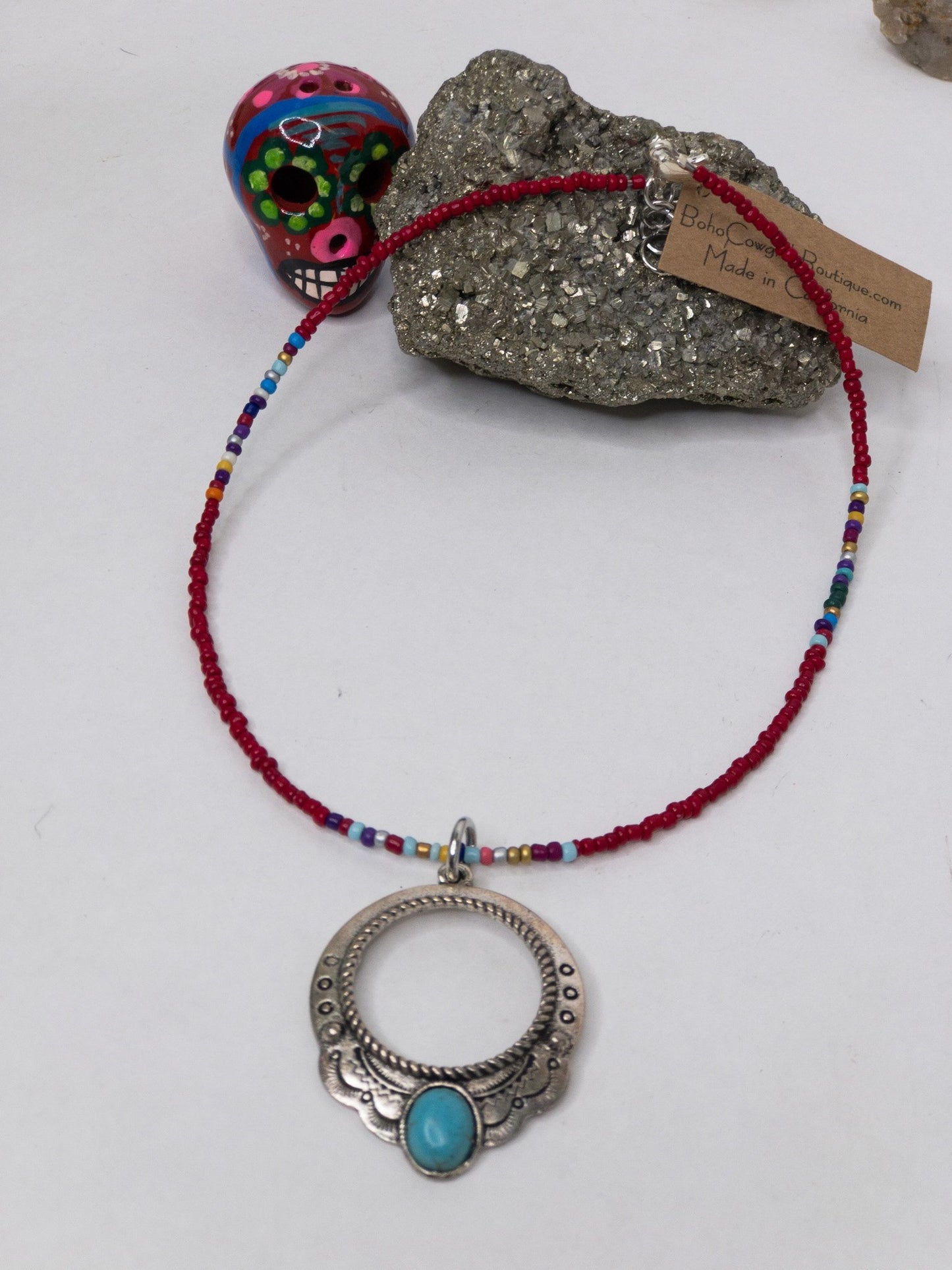 Western Engraved Pendant on Beaded Red Serape Choker Necklace, Beaded Choker - Boho Cowgirlz Boutique