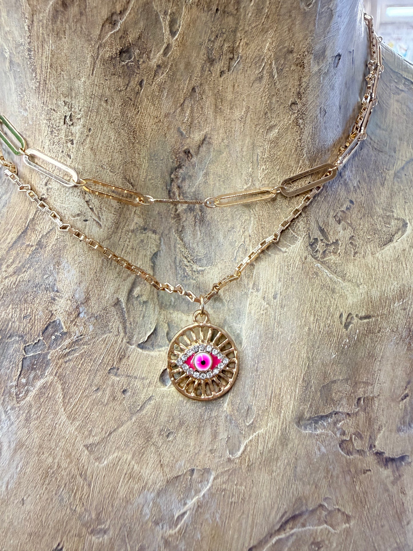 Dainty Pink Evil Eye layered Necklace