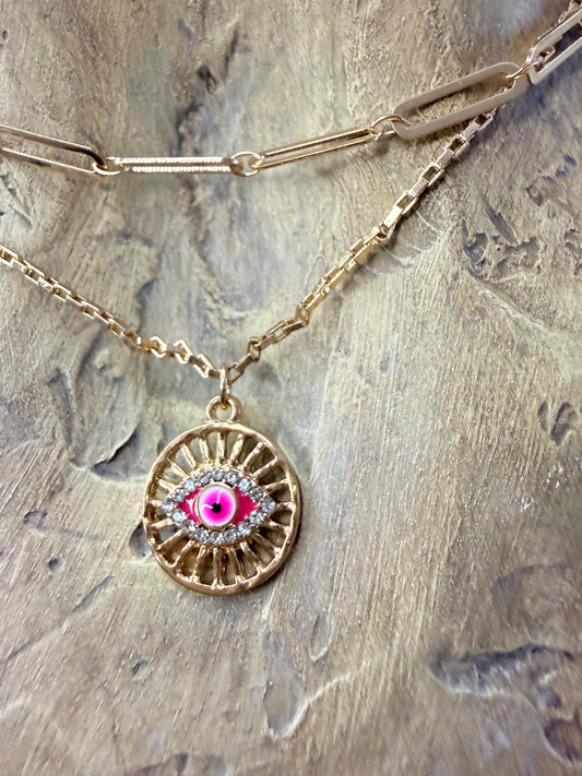 Dainty Pink Evil Eye layered Necklace