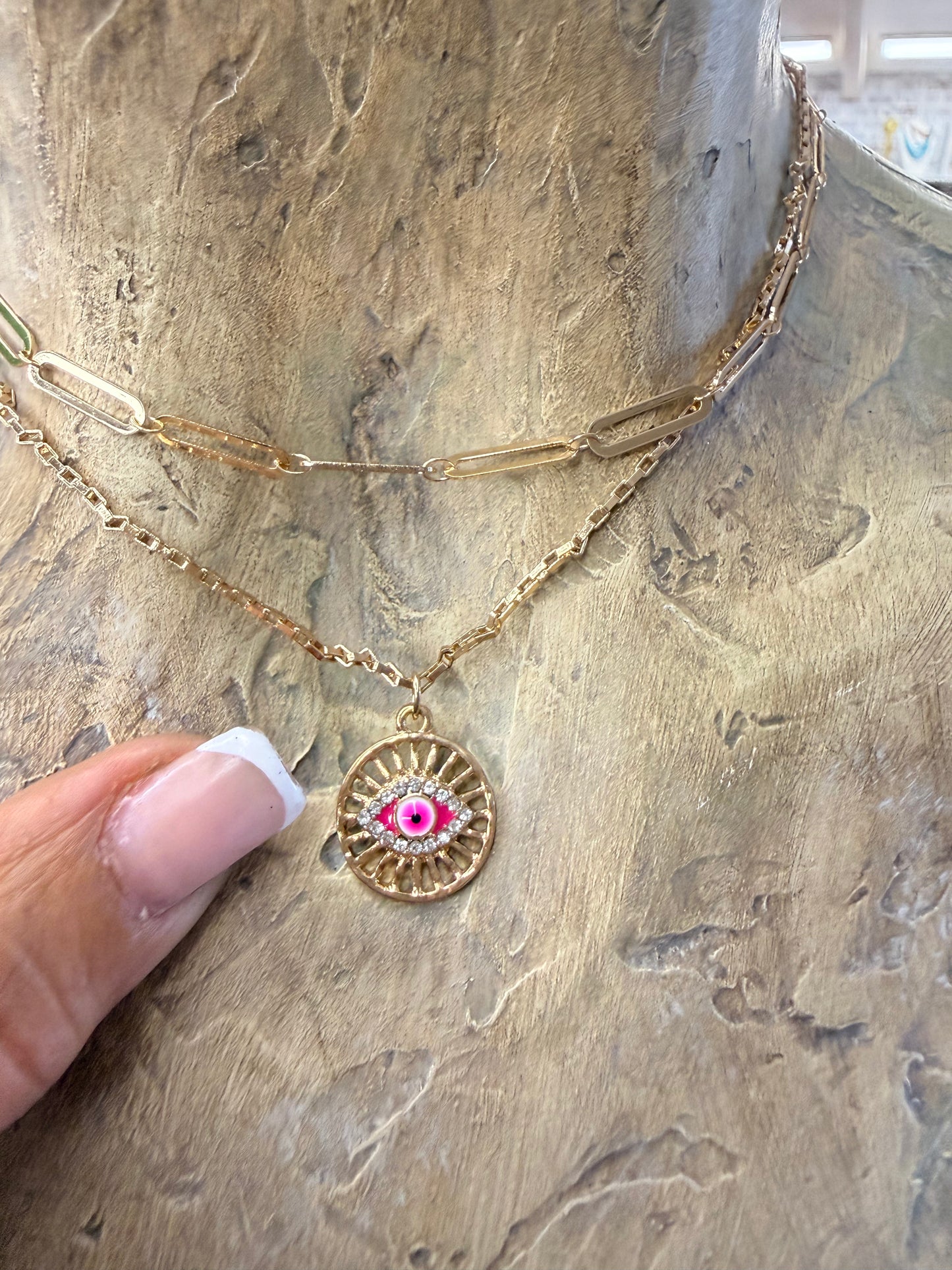 Dainty Pink Evil Eye layered Necklace