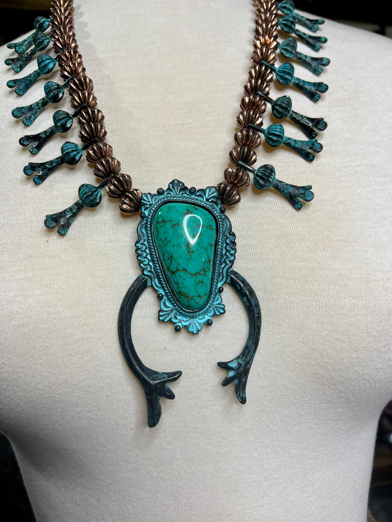 Turquoise Brass Squash Blossom Necklace