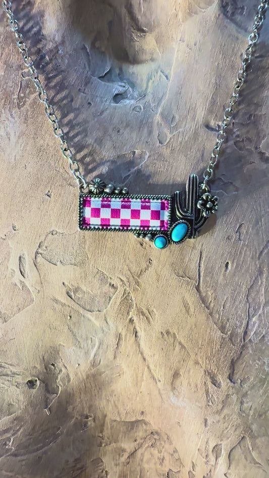 Checkered Pink Western Baddie Necklace