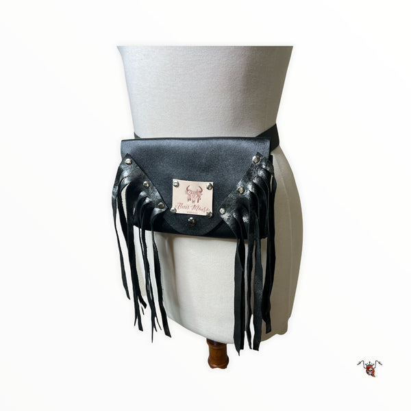 Womens Black Rose Inlay Purse with Fringe