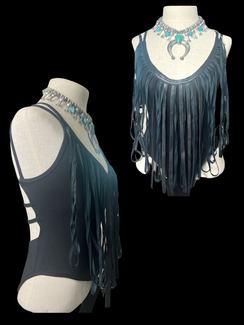 Black Magic Woman Leather & Fringe Crisscross Bodysuit - Boho Cowgirlz Boutique