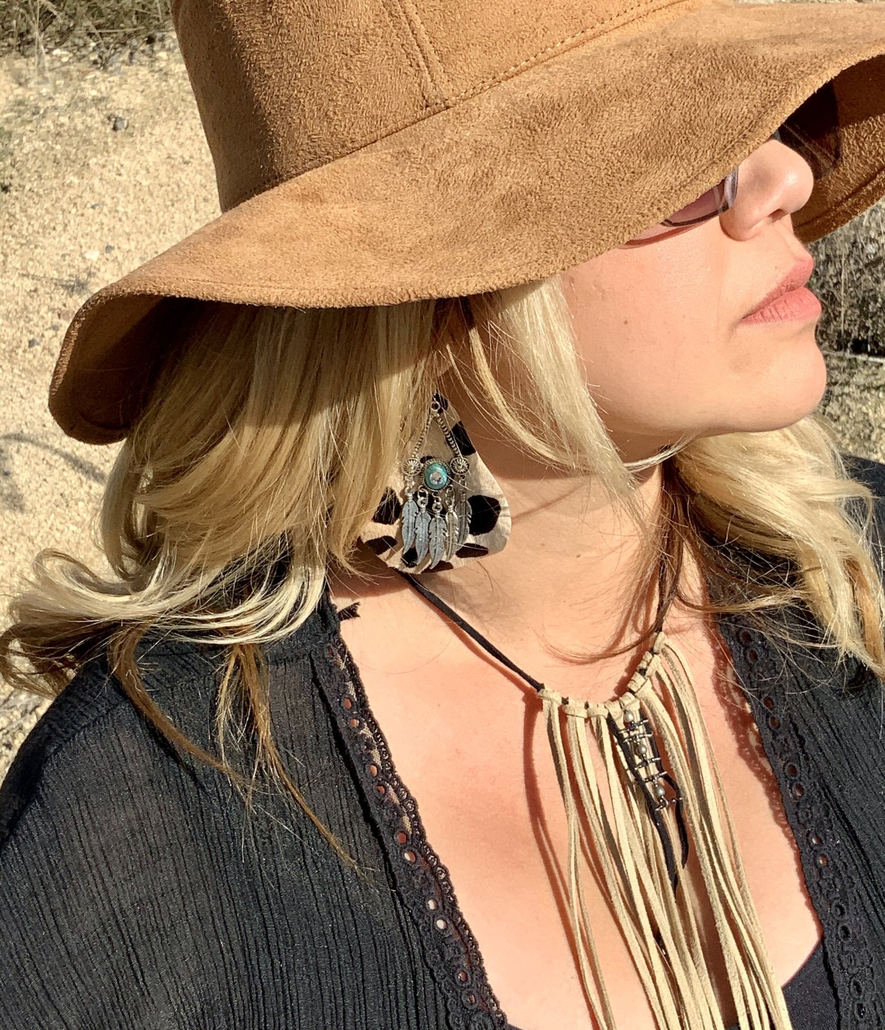 Cheetah Genuine Leather Earring , Aztec Feathers & Cheetah Cowhide Earring, Leather Jewelry - Boho Cowgirlz Boutique