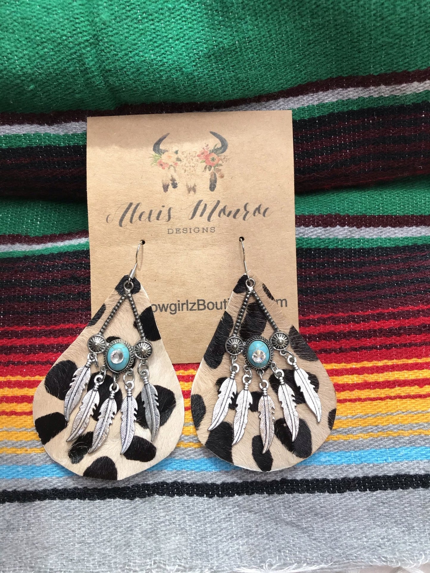 Cheetah Genuine Leather Earring , Aztec Feathers & Cheetah Cowhide Earring, Leather Jewelry - Boho Cowgirlz Boutique