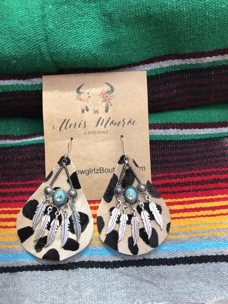 Cheetah Genuine Leather Earring , Aztec Feathers & Cheetah Cowhide Earring, Leather Jewelry - Boho Cowgirlz Boutique