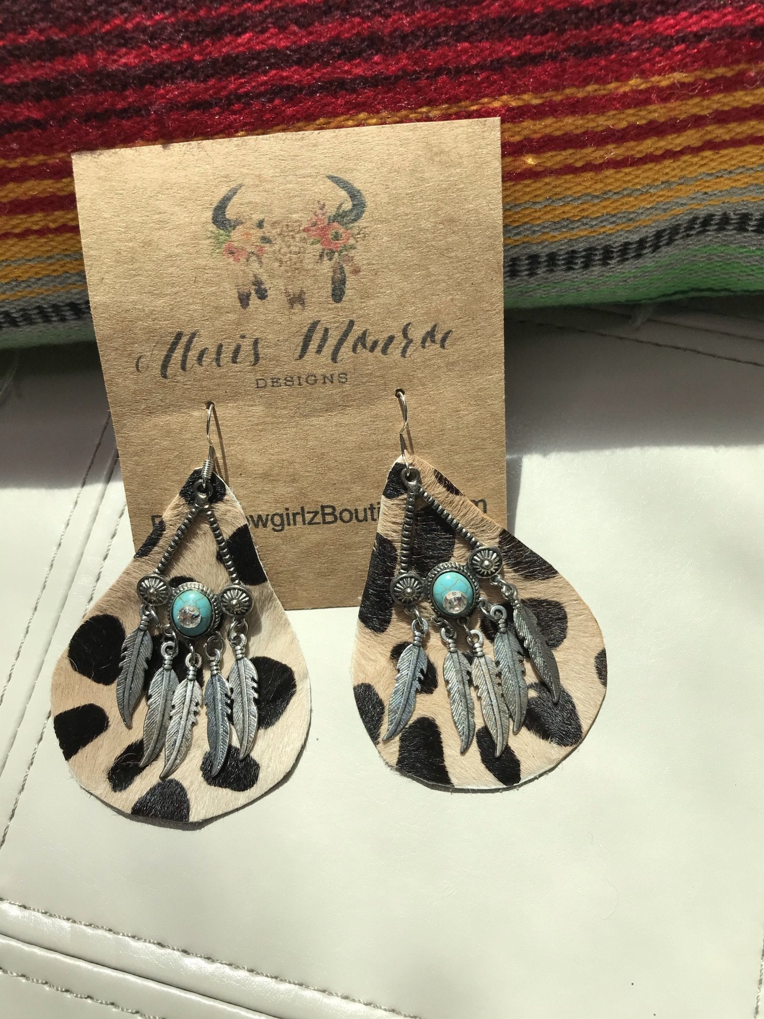 Cheetah Genuine Leather Earring , Aztec Feathers & Cheetah Cowhide Earring, Leather Jewelry - Boho Cowgirlz Boutique