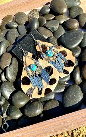 Cheetah Genuine Leather Earring , Aztec Feathers & Cheetah Cowhide Earring, Leather Jewelry - Boho Cowgirlz Boutique