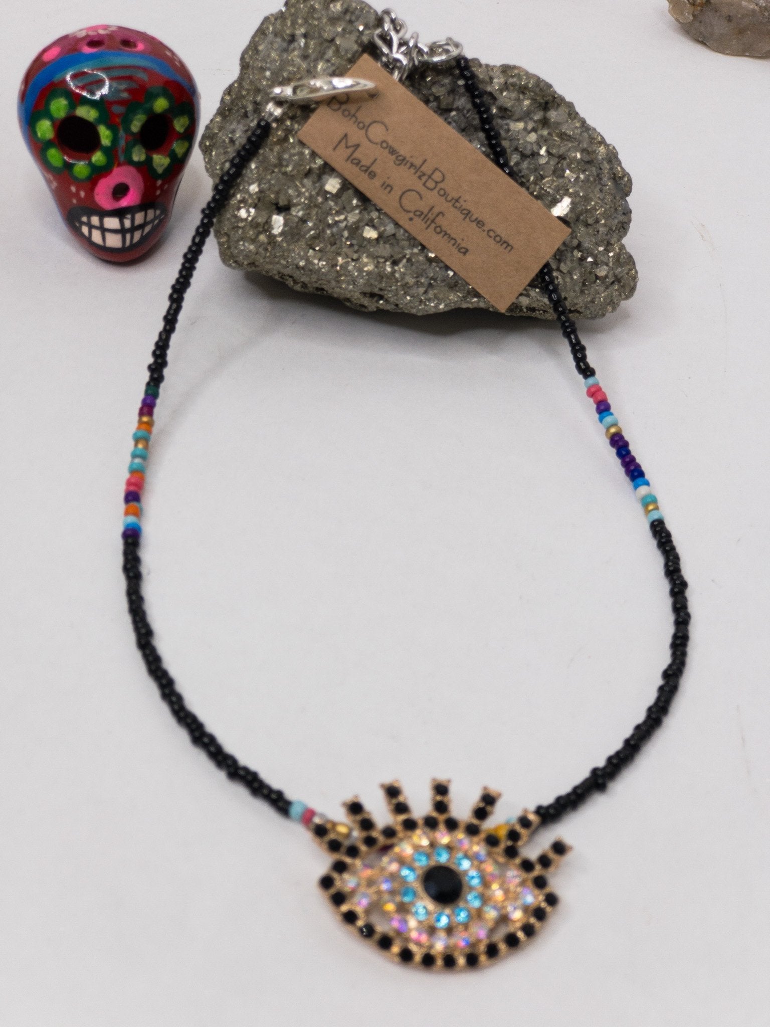 Crystal Evil Eye Black Serape Beaded Choker Necklace, Beaded Choker - Boho Cowgirlz Boutique