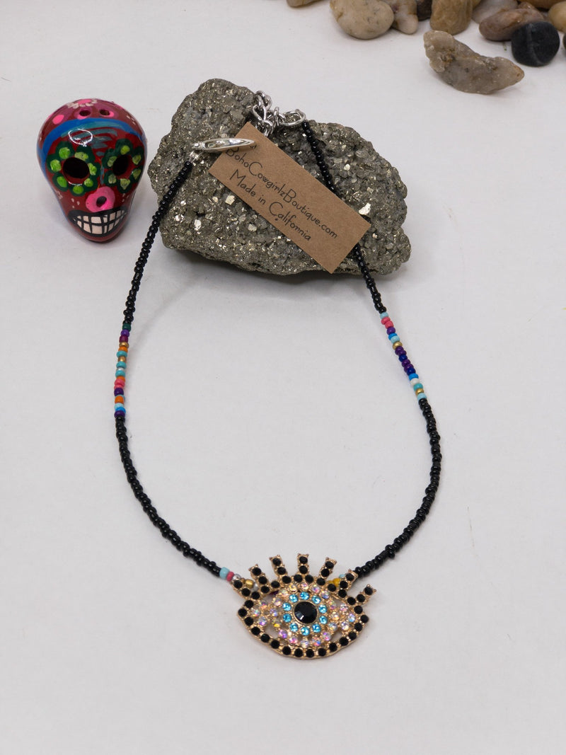 Crystal Evil Eye Black Serape Beaded Choker Necklace, Beaded Choker - Boho Cowgirlz Boutique