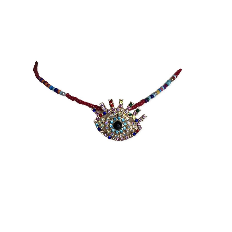 Crystal Evil Eye Serape Beaded Red Choker Necklace, Beaded Choker - Boho Cowgirlz Boutique