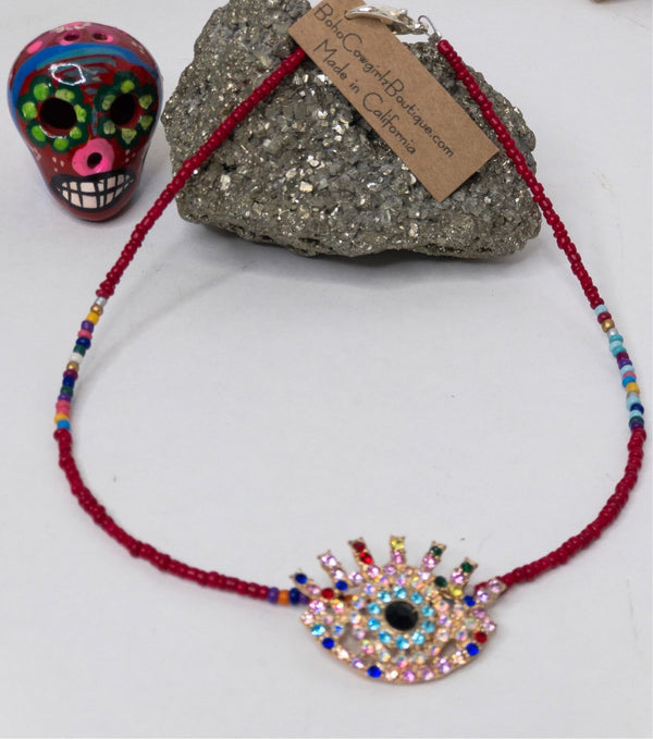 Crystal Evil Eye Serape Beaded Red Choker Necklace, Beaded Choker - Boho Cowgirlz Boutique