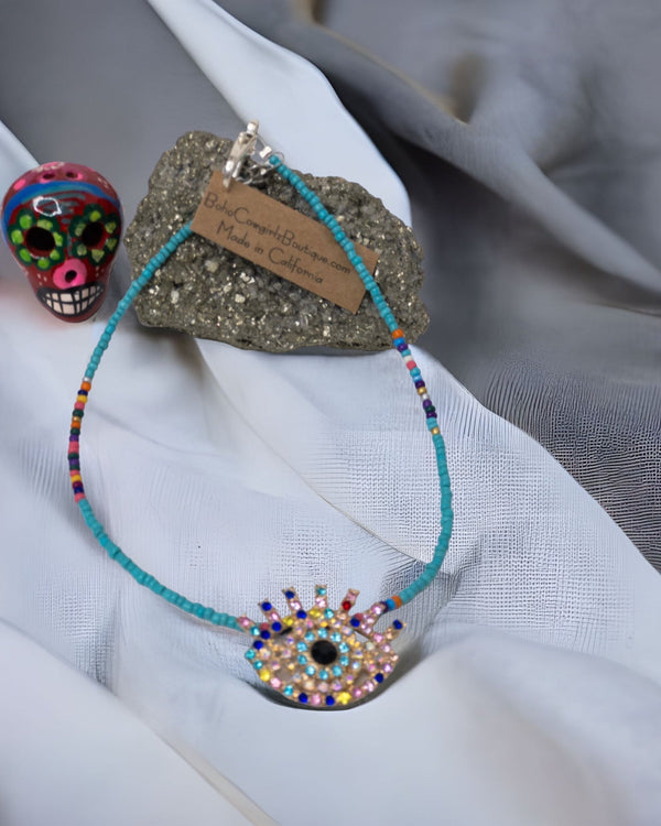 Crystal Evil Eye Serape Beaded Turquoise Choker Necklace, Beaded Choker - ALEXISMONROE DESIGNS
