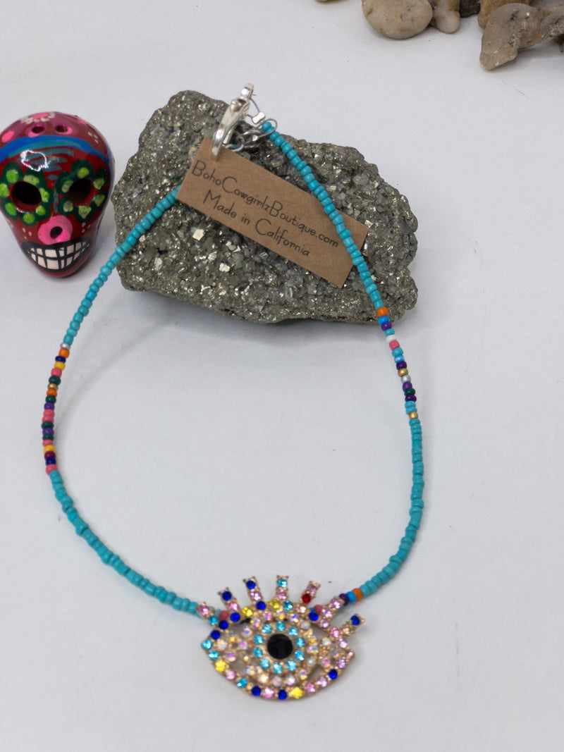 Crystal Evil Eye Serape Beaded Turquoise Choker Necklace, Beaded Choker - Boho Cowgirlz Boutique