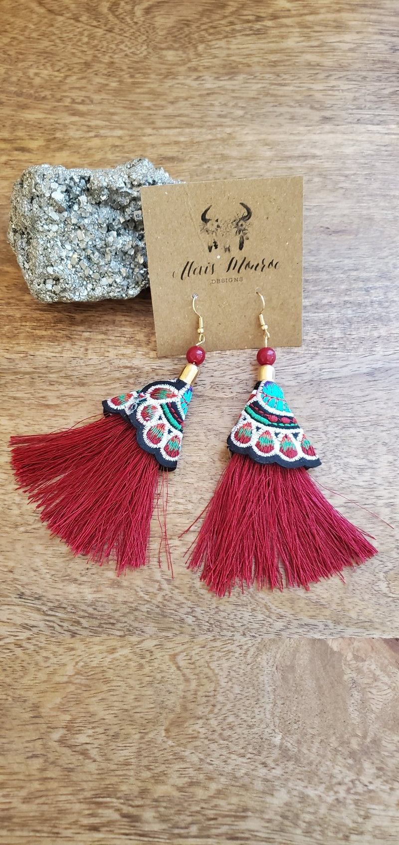 Embroidery Tassel Earring, Boho Embroidered Tassel Earring ,Boho Earring, Red Tassel Earring - Boho Cowgirlz Boutique