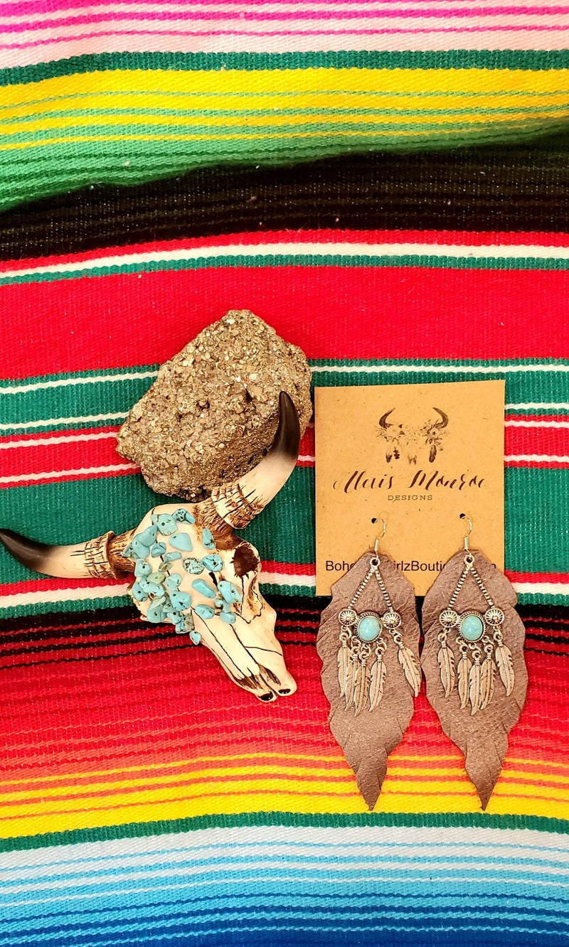 Genuine Leather Earring , Aztec Feathers & Leather Jewelry - Boho Cowgirlz Boutique