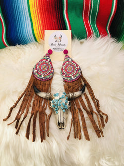 Heritage Pride Hand Painted Wood Long Leather Fringe Earring, Boho Earring, Leather Earring - Boho Cowgirlz Boutique
