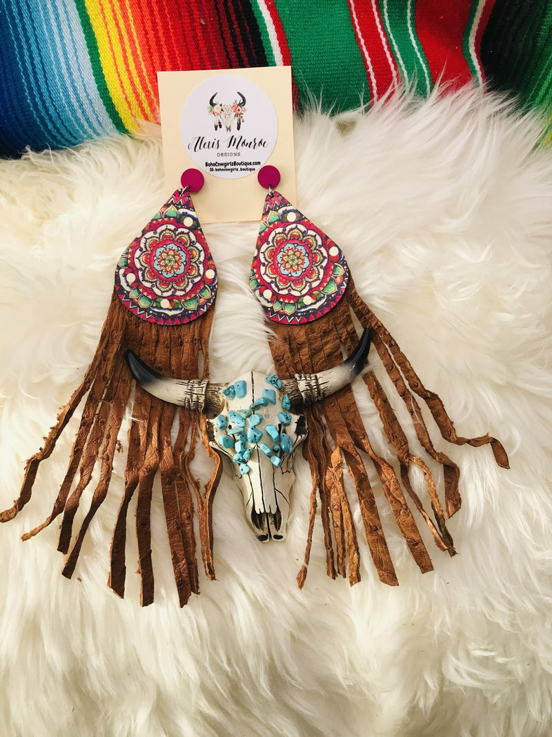 Heritage Pride Hand Painted Wood Long Leather Fringe Earring, Boho Earring, Leather Earring - Boho Cowgirlz Boutique