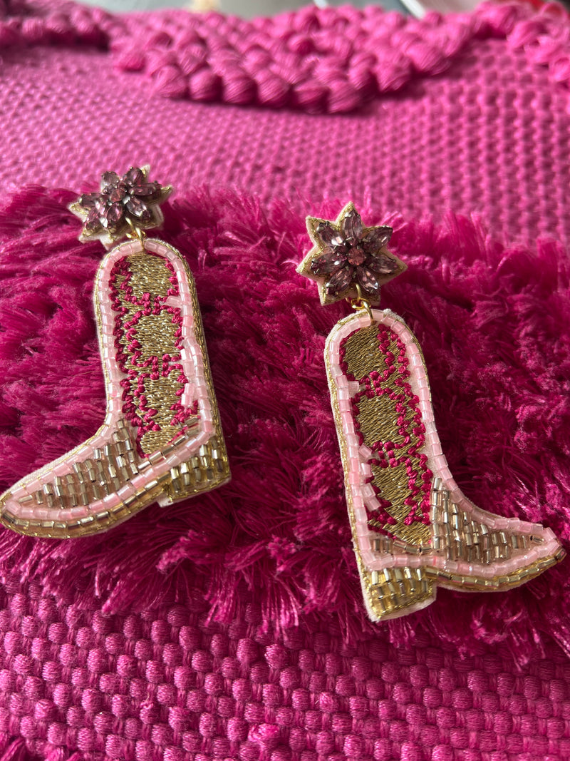 Beaded Pink Boot Cowgirl Earrings