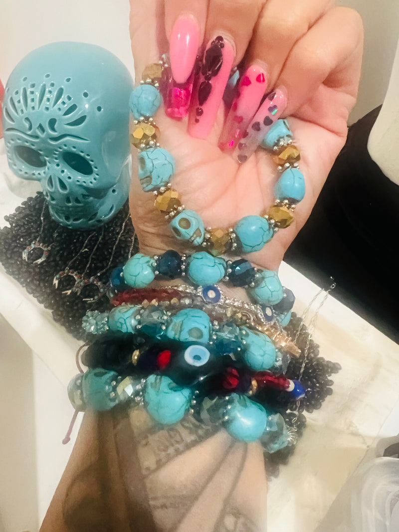 Turquoise Calavera Bracelet with Glass Beads