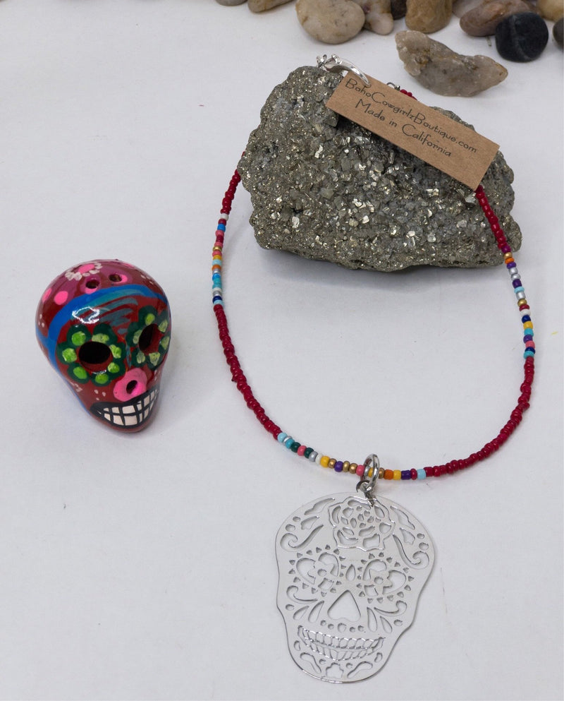 Kalavera pendant on Beaded Red Serape Choker Necklace, Beaded Choker - Boho Cowgirlz Boutique