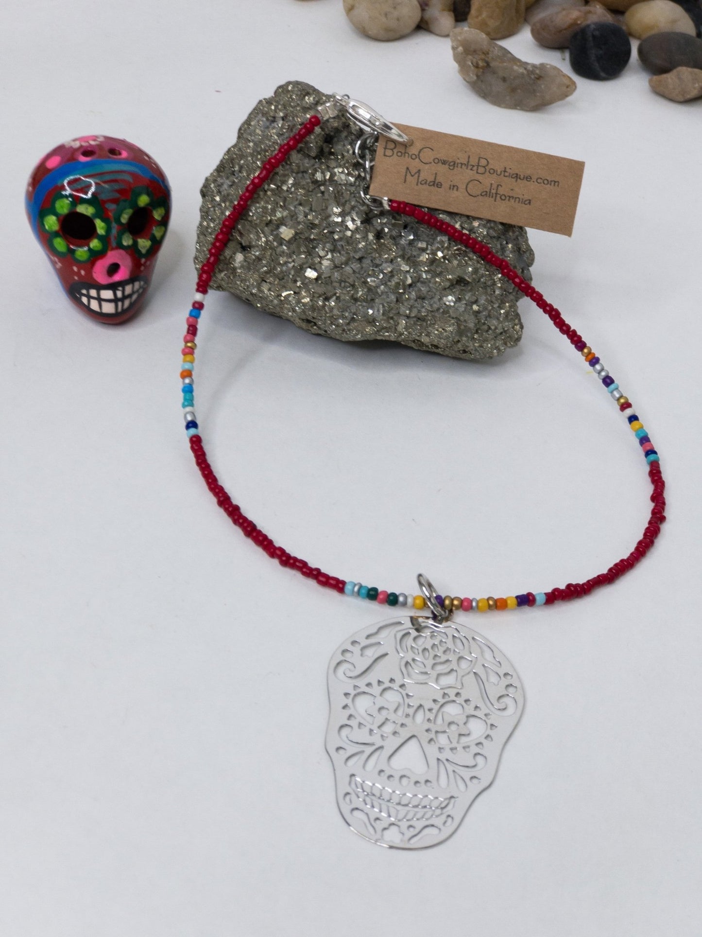 Kalavera pendant on Beaded Red Serape Choker Necklace, Beaded Choker - Boho Cowgirlz Boutique