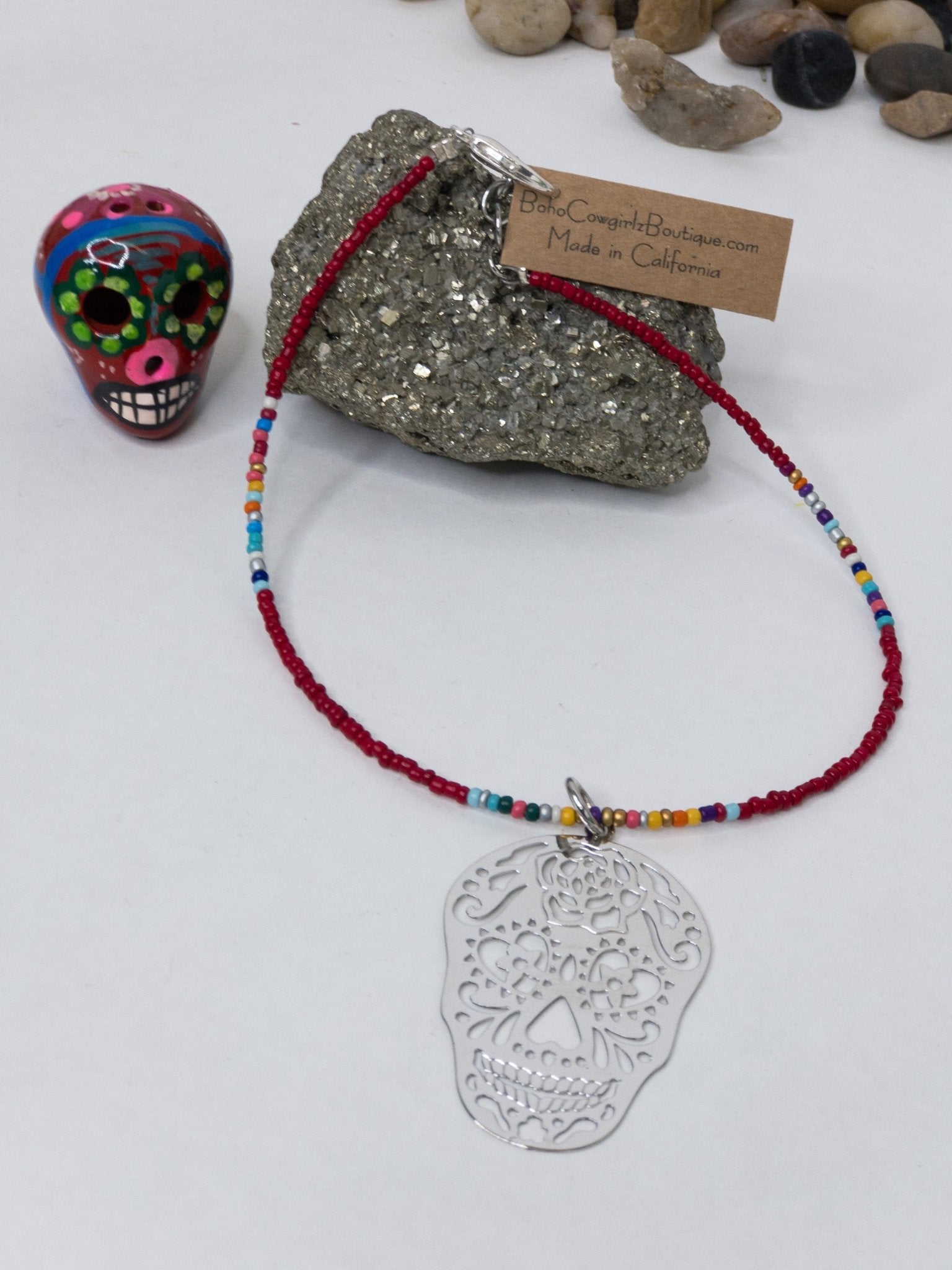 Kalavera pendant on Beaded Red Serape Choker Necklace, Beaded Choker - Boho Cowgirlz Boutique
