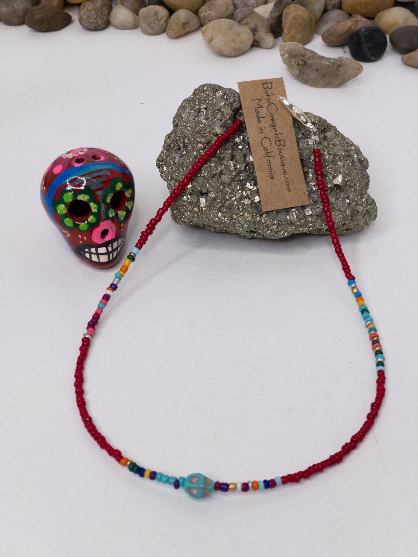 Kalavera Red Serape Beaded Choker Necklace, Beaded Choker - Boho Cowgirlz Boutique