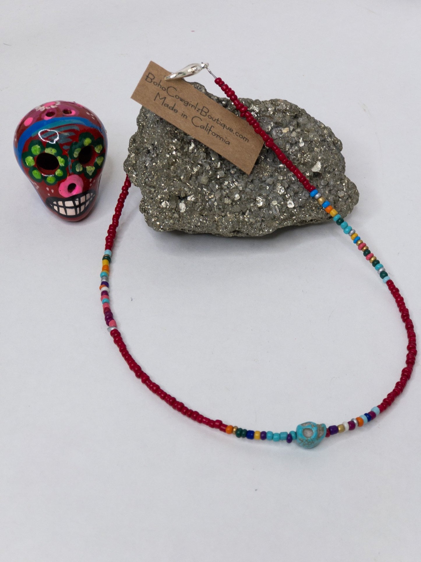 Kalavera Red Serape Beaded Choker Necklace, Beaded Choker - Boho Cowgirlz Boutique
