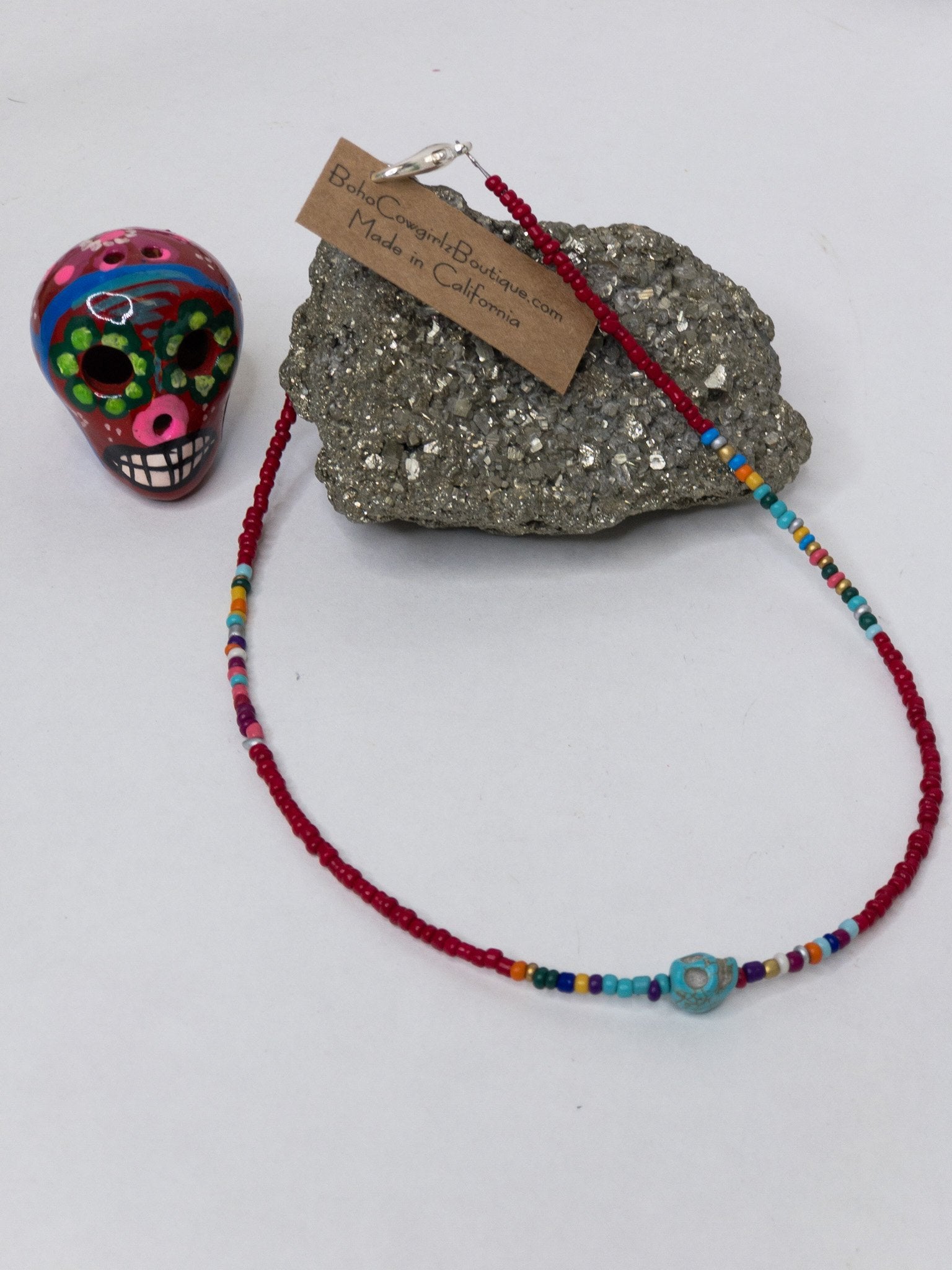 Kalavera Red Serape Beaded Choker Necklace, Beaded Choker - Boho Cowgirlz Boutique
