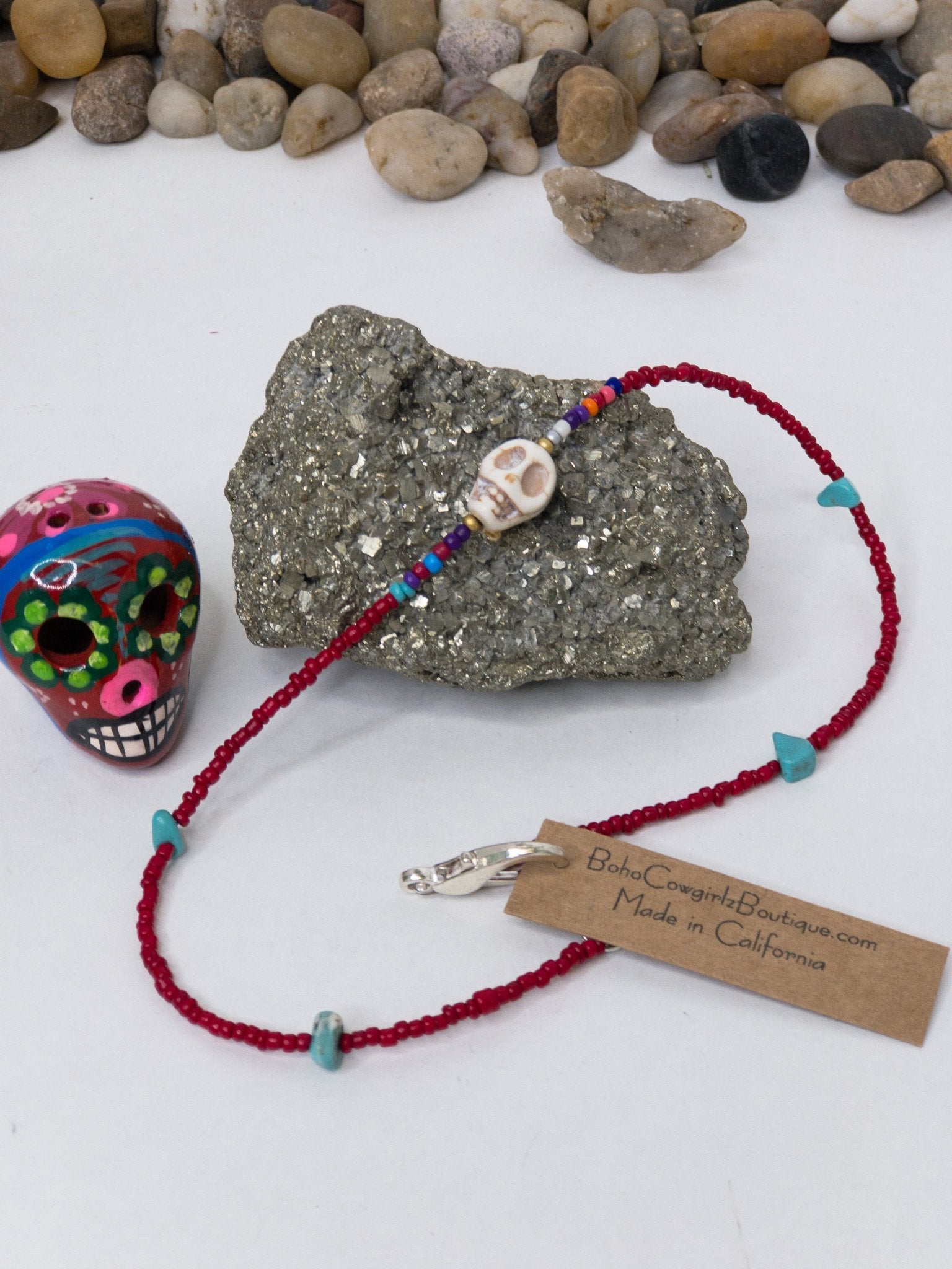 Kalavera Serape Beaded Red Choker Necklace, Beaded Choker - Boho Cowgirlz Boutique