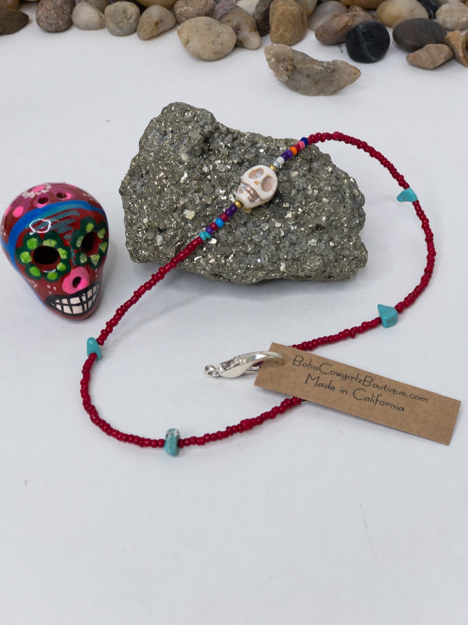 Kalavera Serape Beaded Red Choker Necklace, Beaded Choker - Boho Cowgirlz Boutique