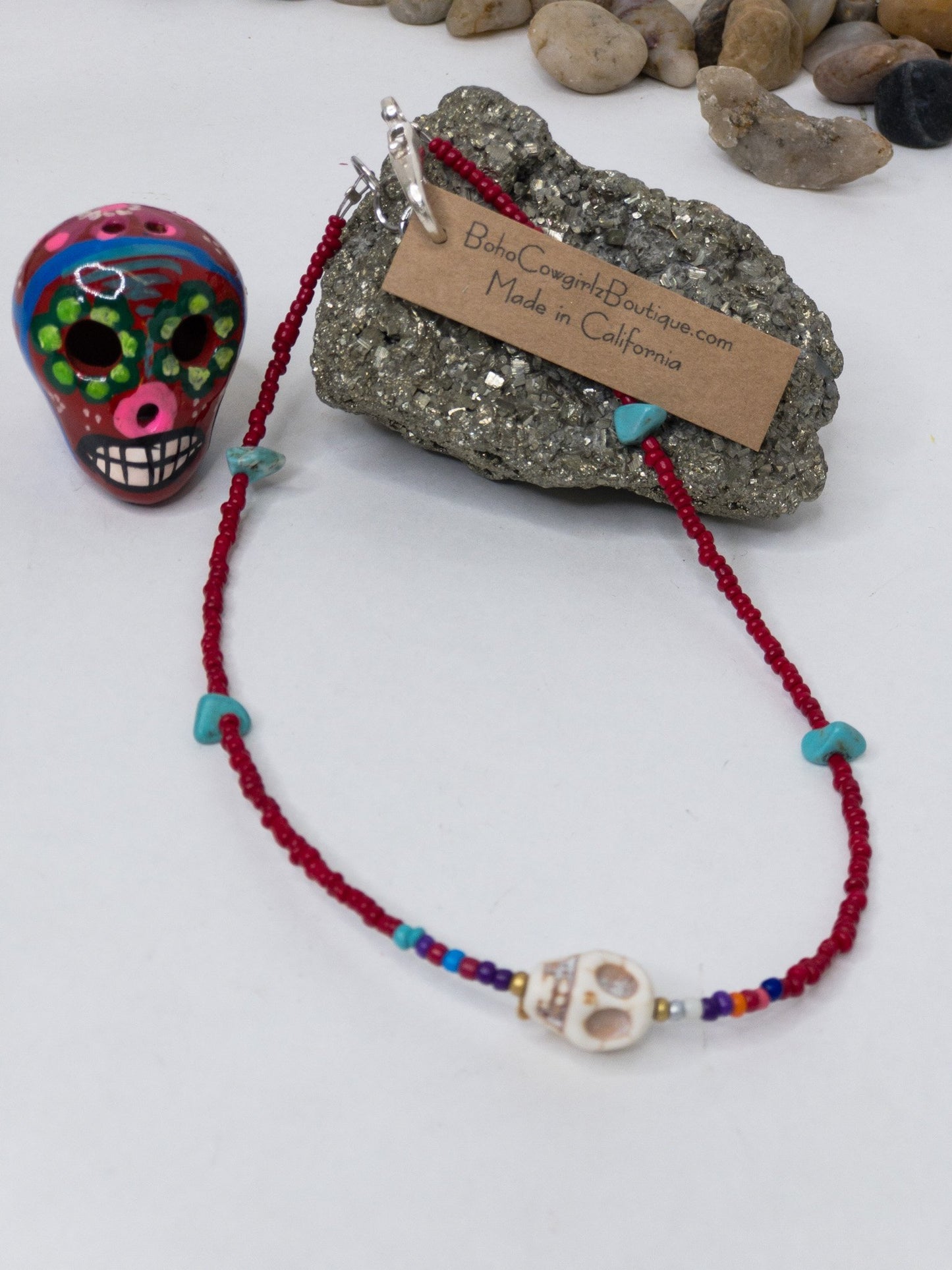 Kalavera Serape Beaded Red Choker Necklace, Beaded Choker - Boho Cowgirlz Boutique