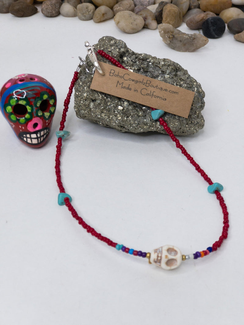 Kalavera Serape Beaded Red Choker Necklace, Beaded Choker - Boho Cowgirlz Boutique