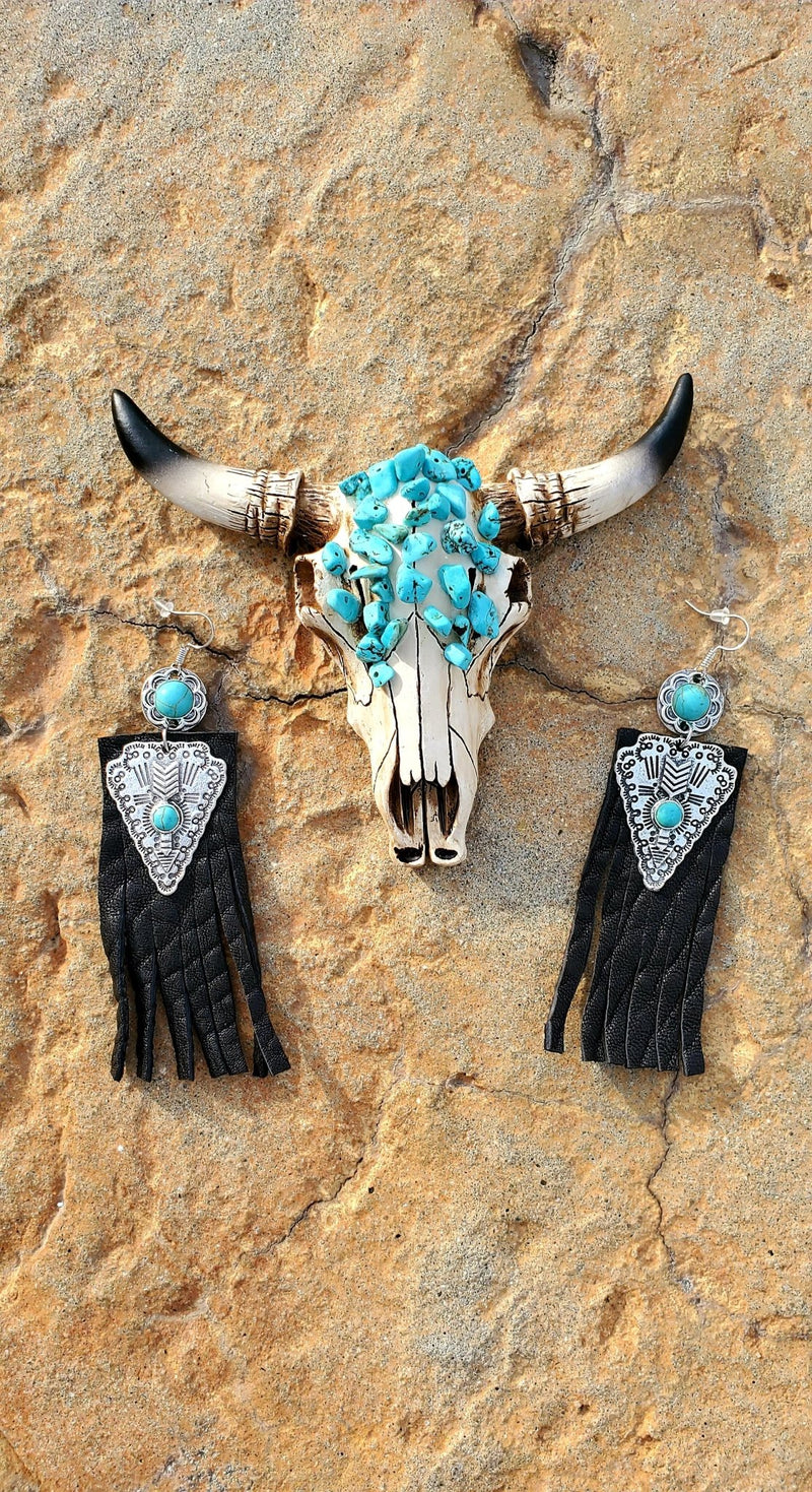 Leather Fringe Earring, Leather Aztec Earring, Aztec Earring, Black Leather Earring with Turquoise Nuggets - Boho Cowgirlz Boutique