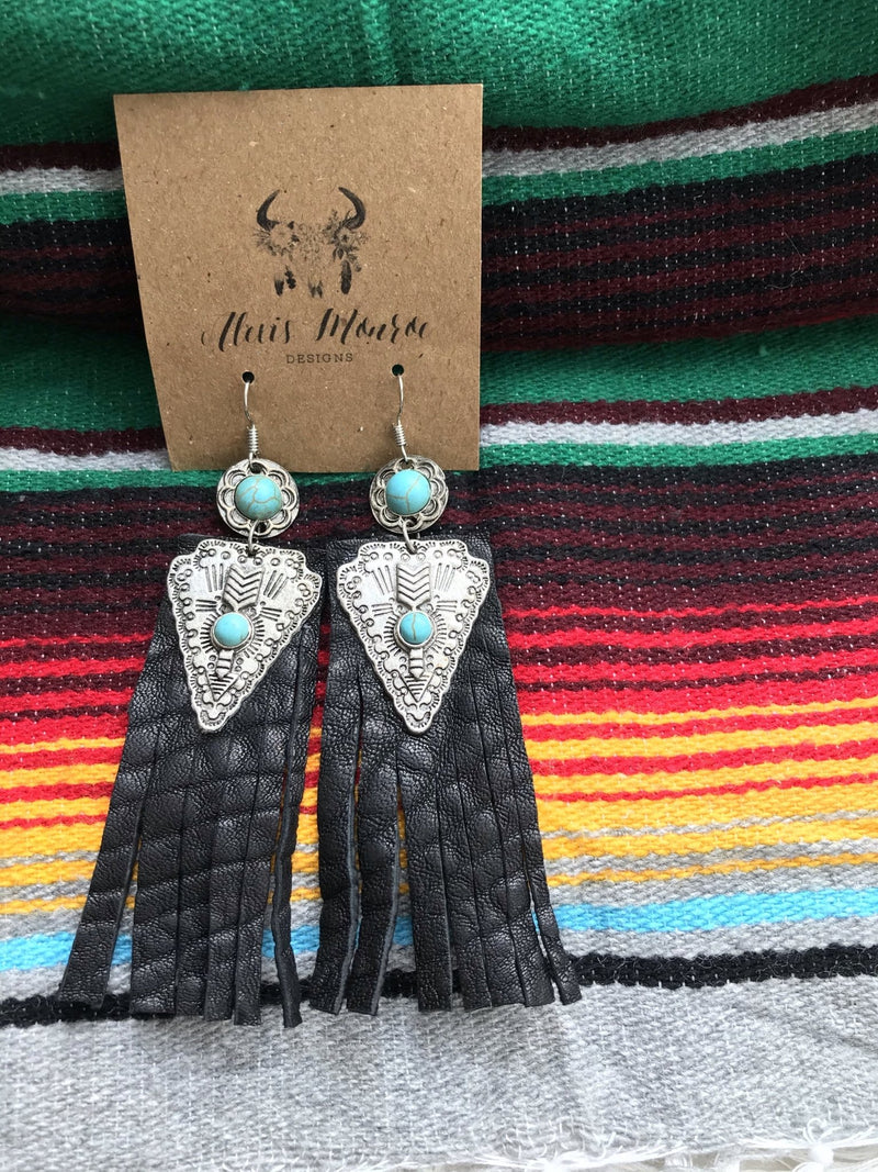 Leather Fringe Earring, Leather Aztec Earring, Aztec Earring, Black Leather Earring with Turquoise Nuggets - Boho Cowgirlz Boutique