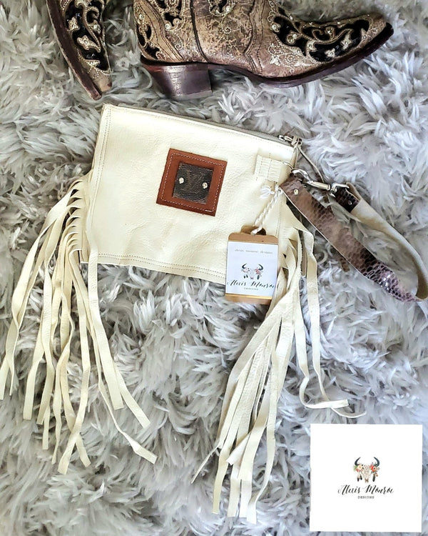 Leather Wristlet, Leather Clutch, Diamond White Dust Fringe Vintage Designer Wristlet - Boho Cowgirlz Boutique
