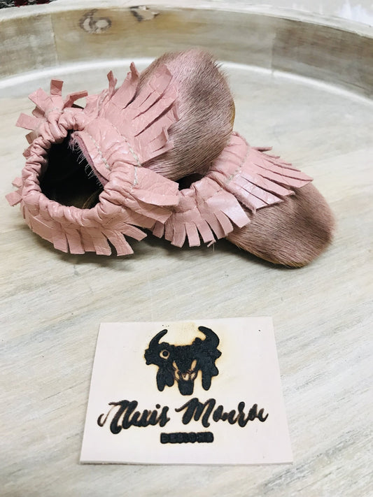 Pink Cowhide Glam Baby Leather Moccasins - Boho Cowgirlz Boutique