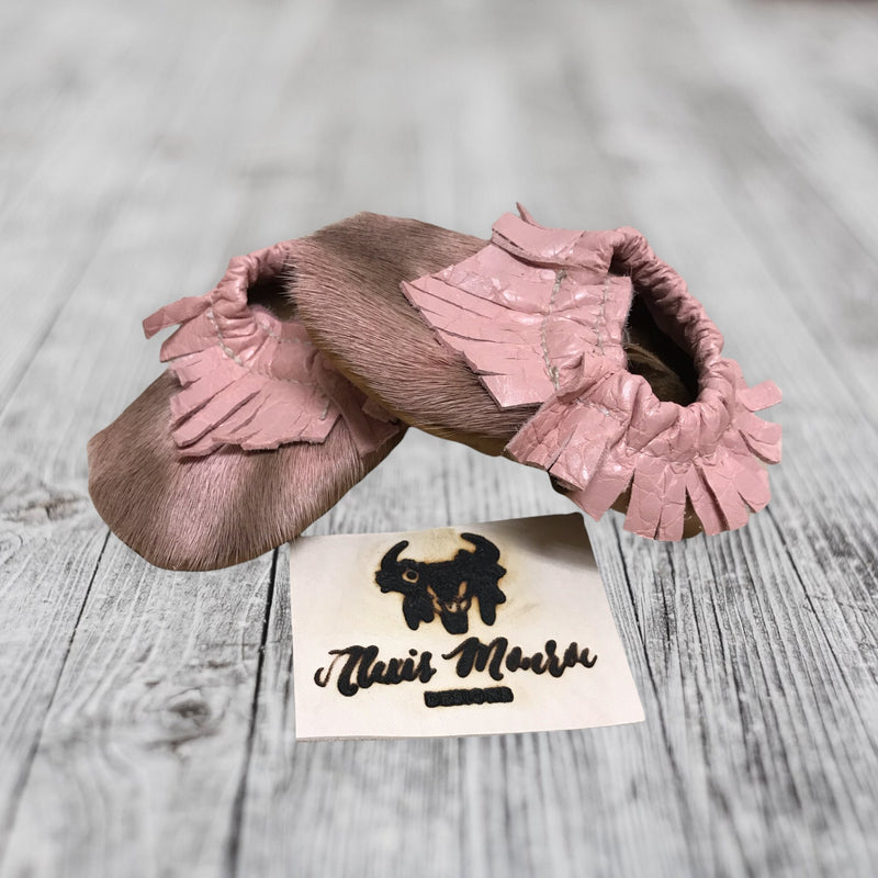 Pink Cowhide Glam Baby Leather Moccasins - Boho Cowgirlz Boutique