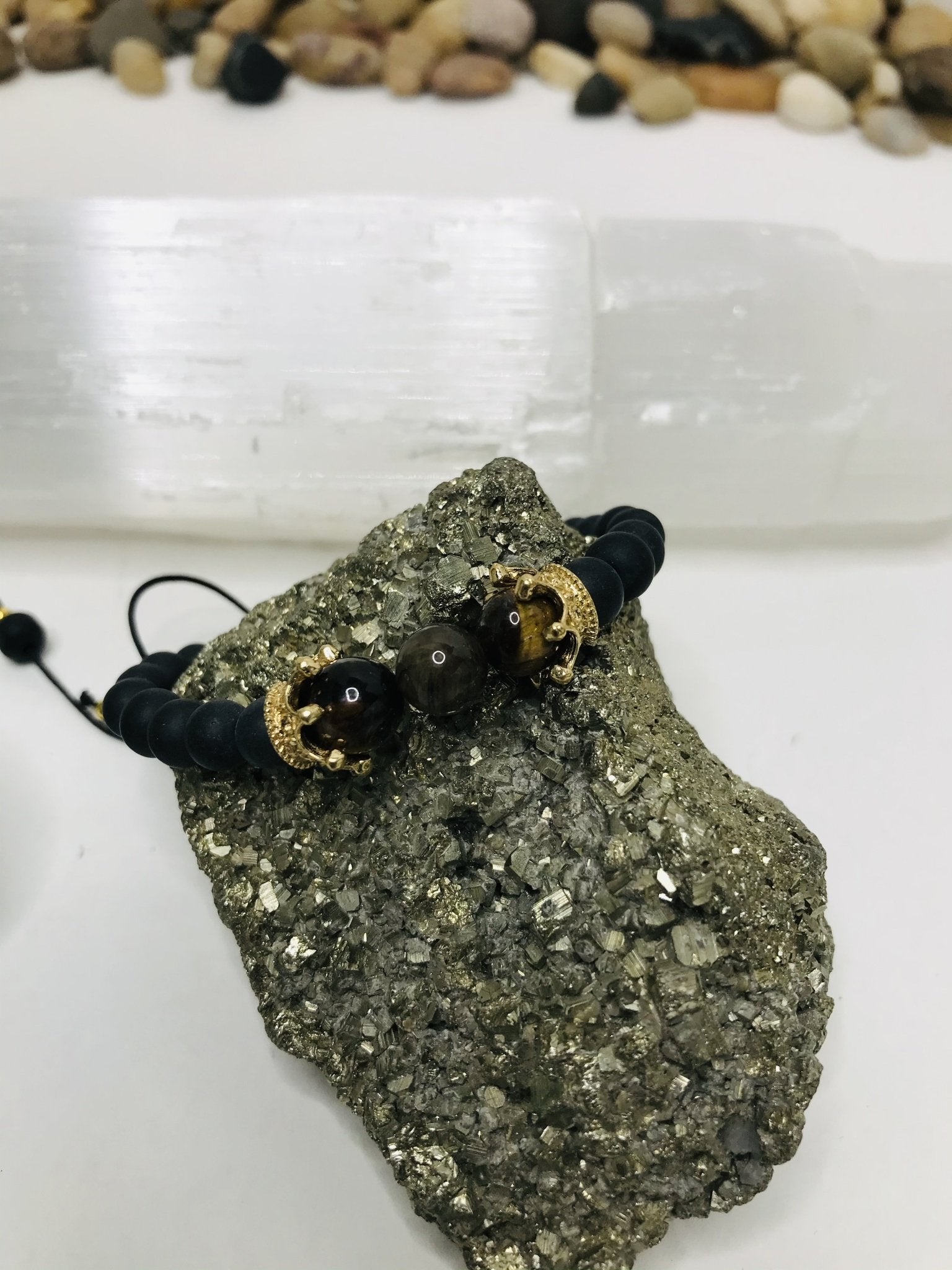 Tigers Eye Macrame Boack Lava Bracelet Men or Woman Block Negative Energy Black String Macrame Adjustable Good luck Bracelet Evil Eye Protection - Boho Cowgirlz Boutique