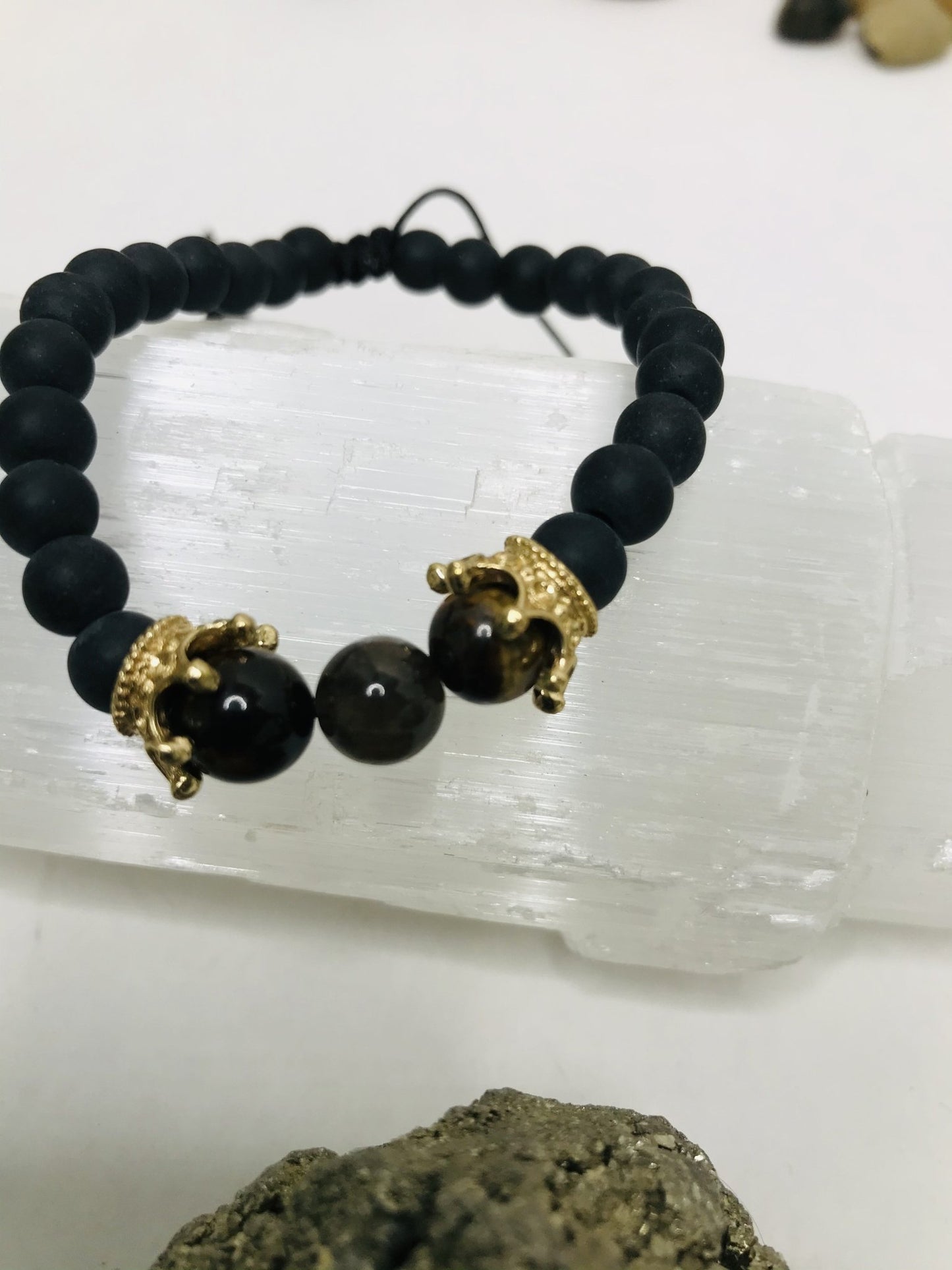 Tigers Eye Macrame Boack Lava Bracelet Men or Woman Block Negative Energy Black String Macrame Adjustable Good luck Bracelet Evil Eye Protection - Boho Cowgirlz Boutique
